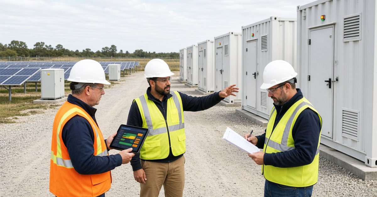 Engineers commissioning a large-scale PV and battery energy storage (BESS) system on the path to commercial operations date