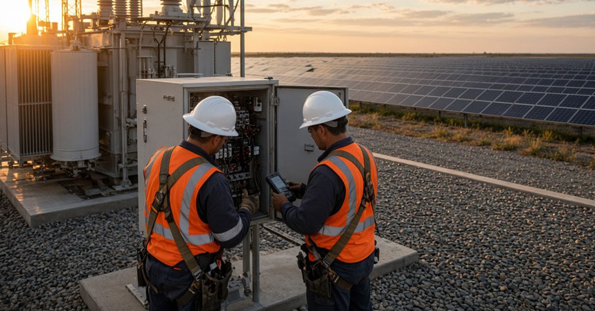 Technicians inspecting switchgear during commercial operations testing of a PV and battery energy storage system in South Africa