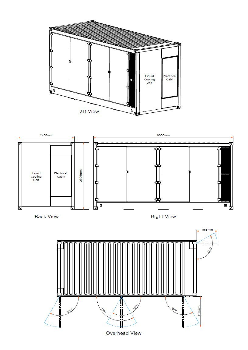 MEGATRON MV Power Block container layout and dimensions Container layout and dimensions for the four-hour MEGATRON MV Power Block, showing 20 ft enclosure footprints and door swing clearances