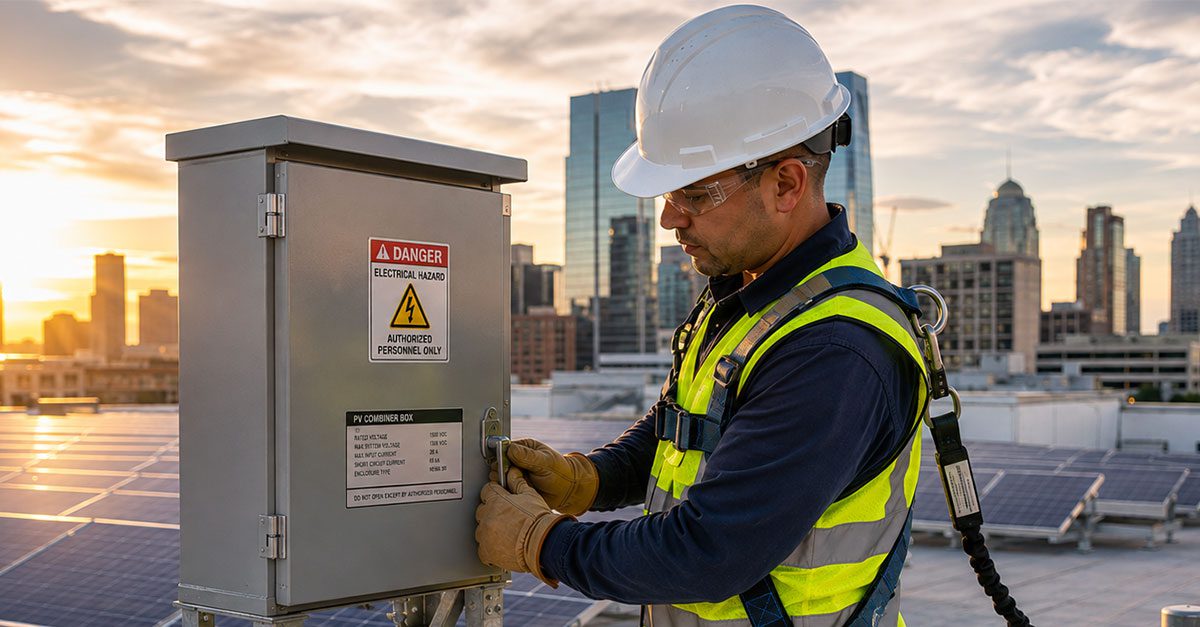 Electrician securing a rooftop electrical panel used in a NEC 705.12 solar-plus-storage interconnection, with panels and a city skyline at sunset in the background.