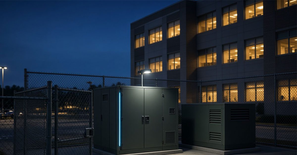 Battery energy storage cabinet and standby diesel generator in a fenced utility yard beside a building with lit windows at dusk