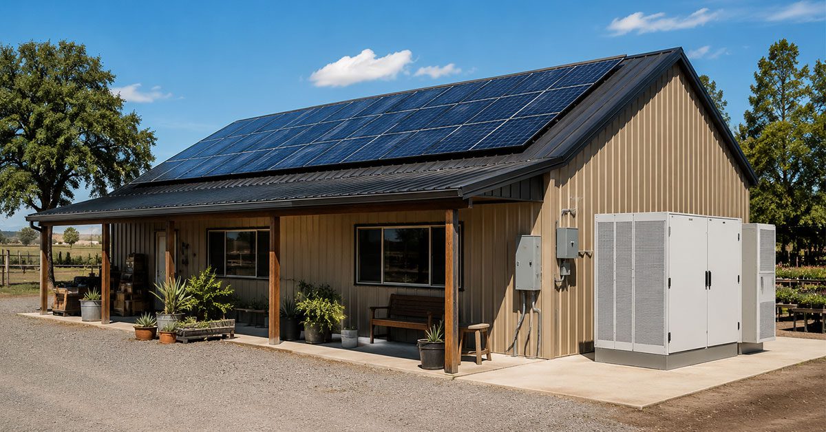 Small commercial building with a rooftop solar array and an outdoor battery energy storage cabinet mounted beside it