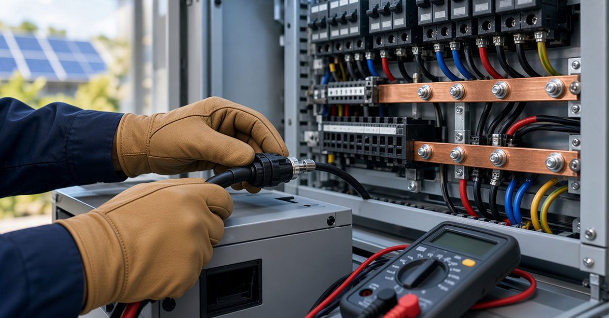 Close-up of a technician connecting a battery storage inverter to a commercial electrical panel with labeled circuit breakers and busbars