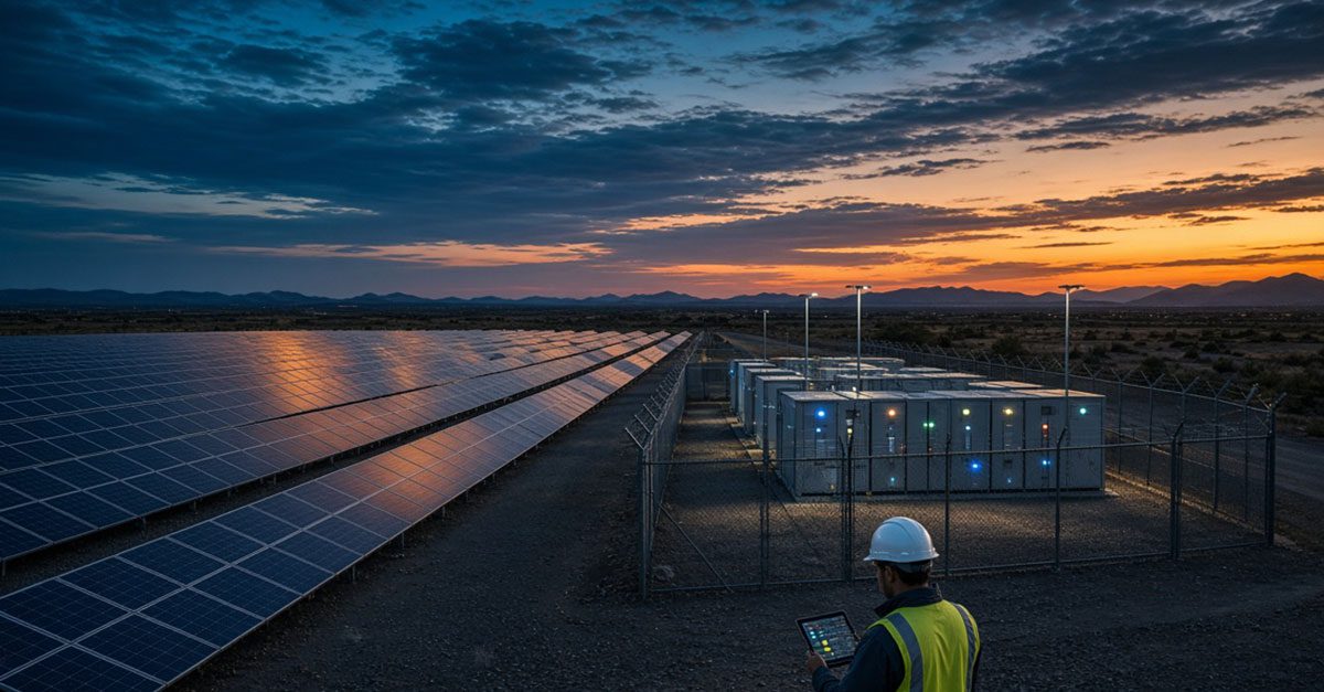 Commercial solar-plus-storage site at dusk, with rows of solar panels and a battery energy storage array under a blue and amber sky