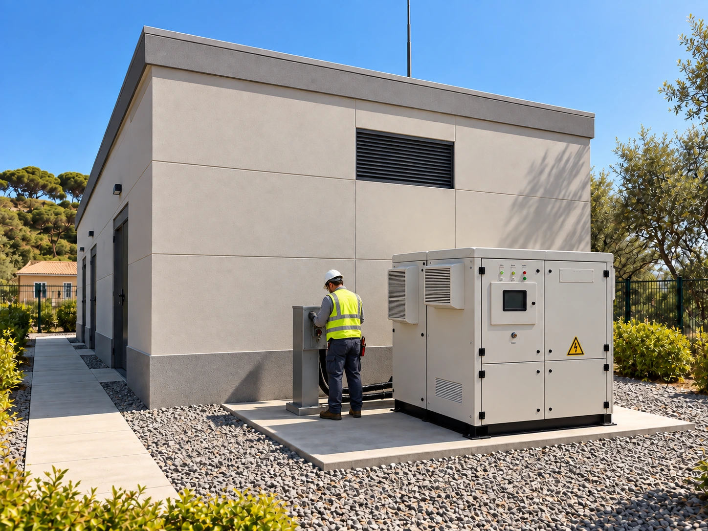 100kW BESS unit installed in the back of a commercial transfer station with a utility worker working on the wiring.