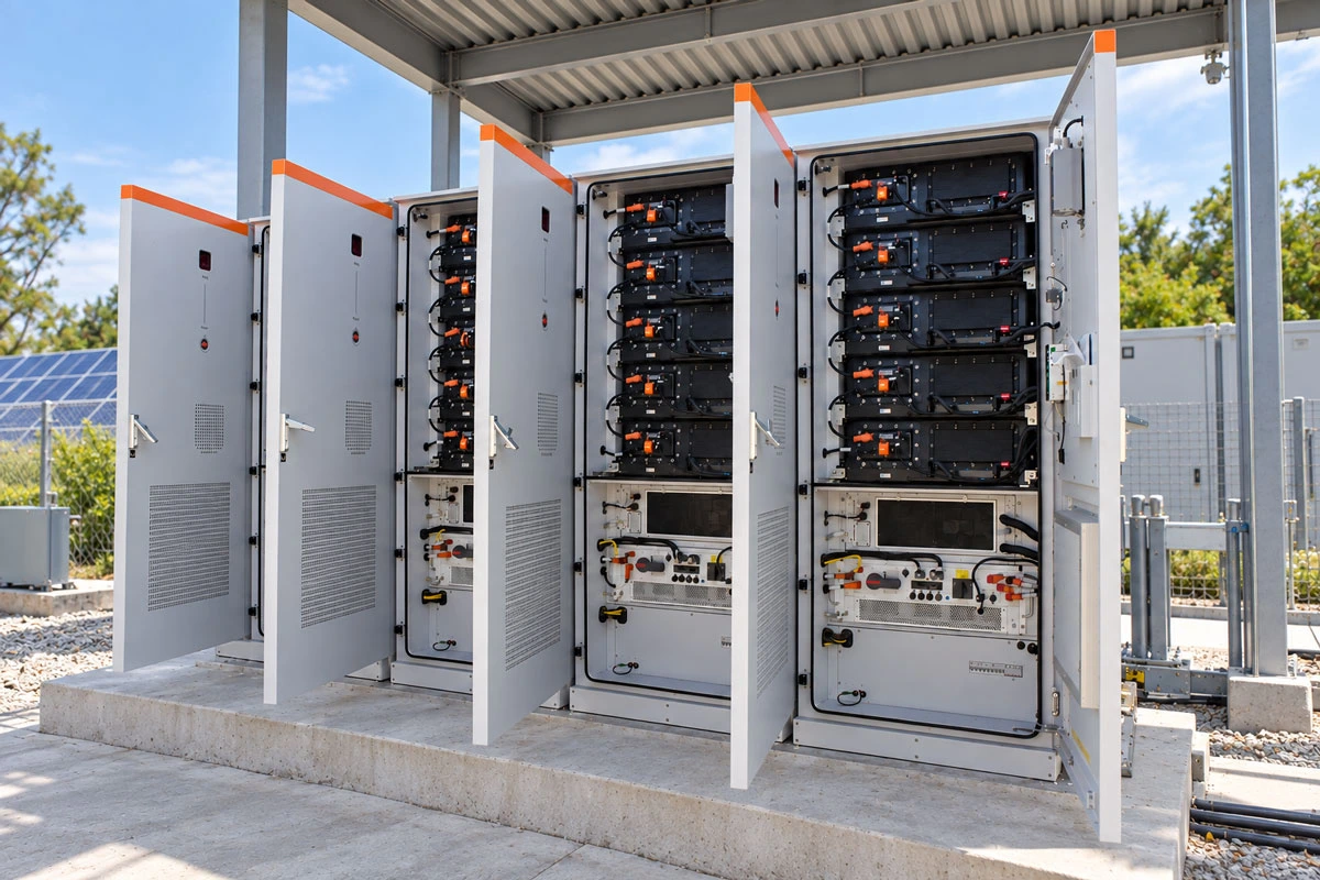 125kW/261kWh Liquid-Cooled BESS. 4 units on a concrete pad with doors open
