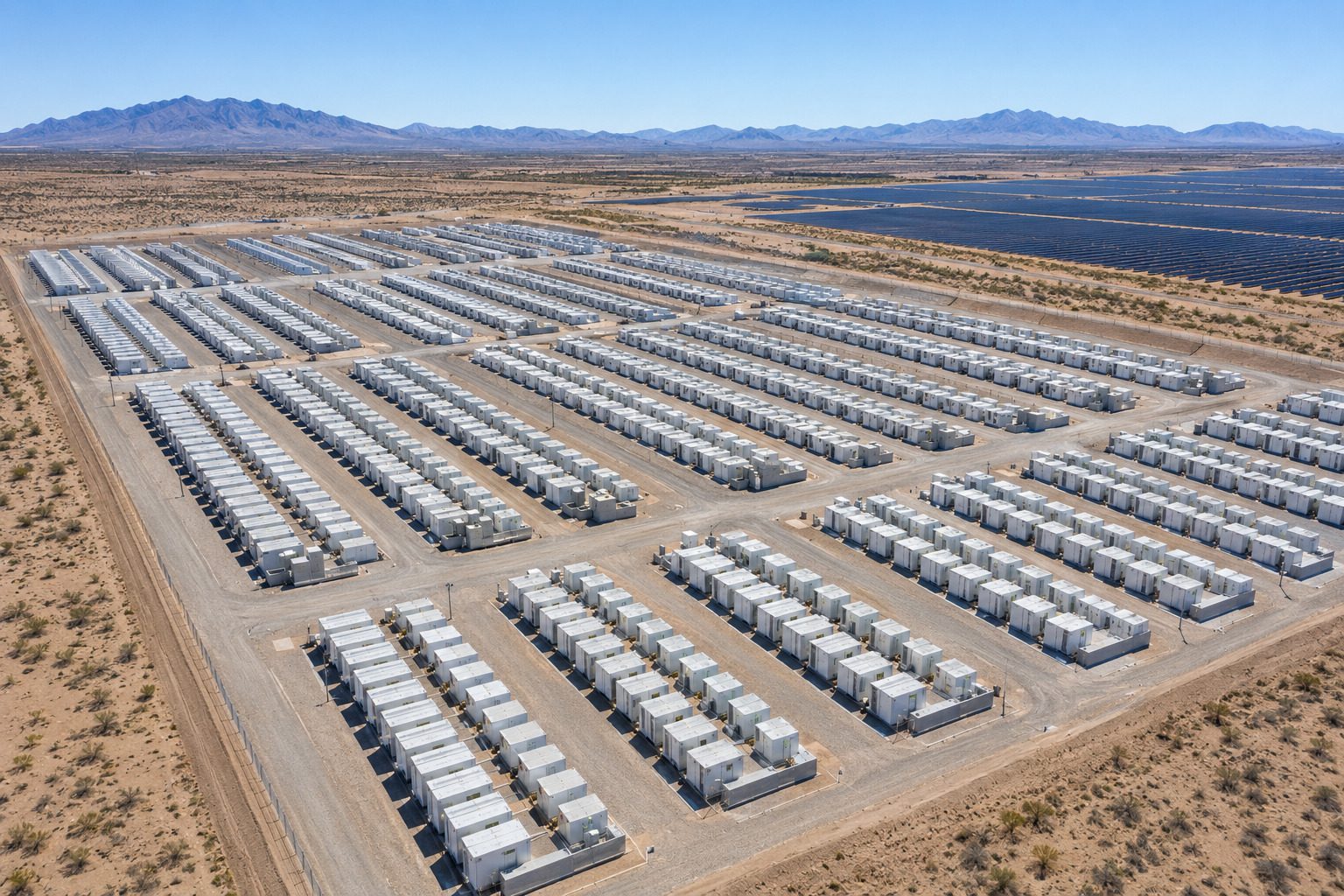 A realistic aerial drone photograph, taken from about 300 feet altitude, of an enormous utility-scale battery energy storage system (BESS) installation in the Arizona desert at midday