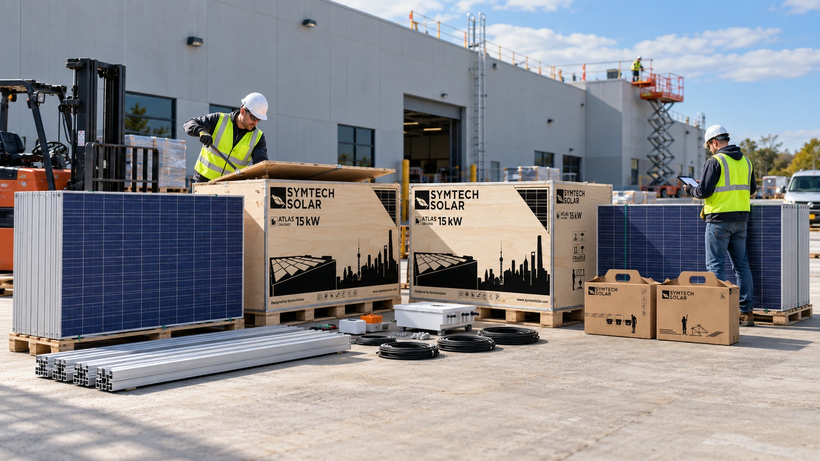 Installers opening an Atlas on-grid commercial solar kit