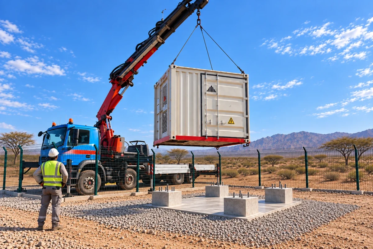10 foot container BESS being lifted onto its foundation at a Symtech Solar project site in the Middle East.