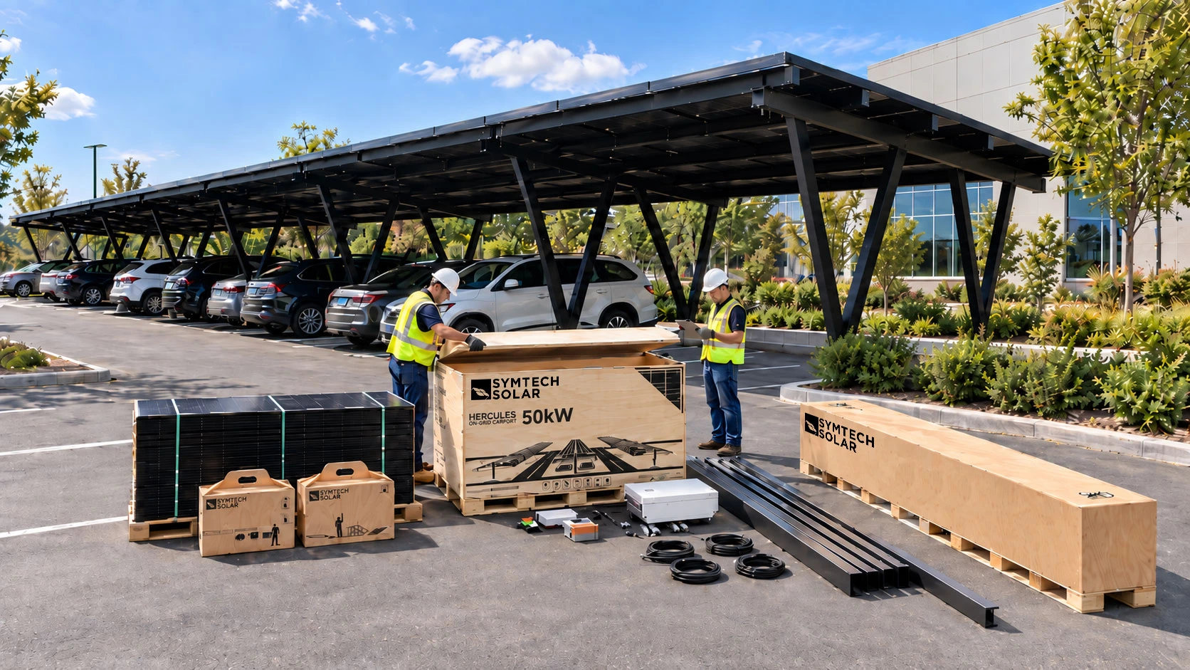 Hercules solar carport being installed with cars parked under the carport system