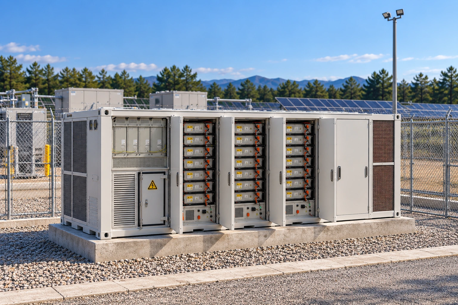 Commercial liquid-cooled battery energy storage system with open battery racks and PCS equipment installed at a fenced solar power facility.