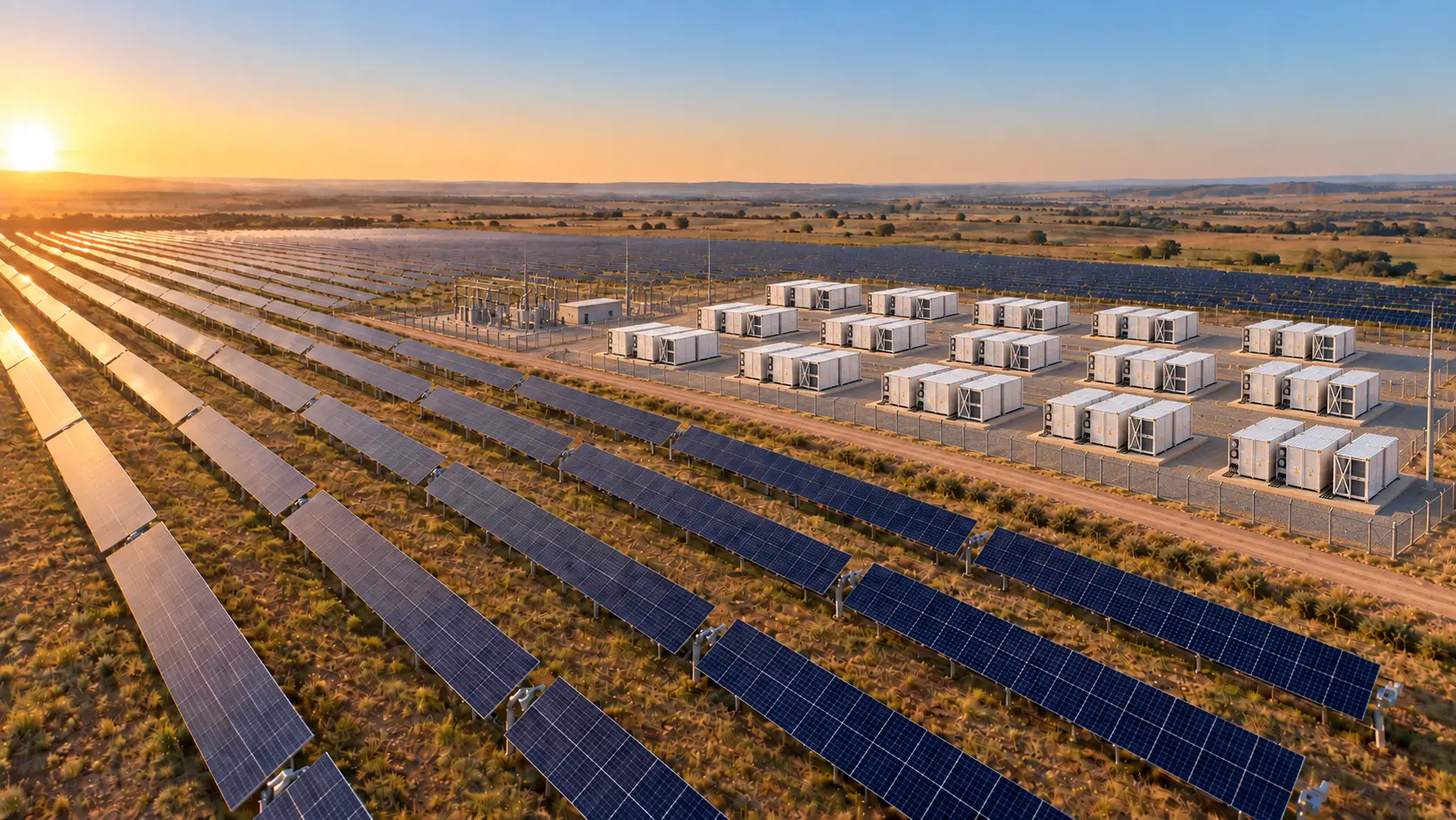 Aerial view of a South African solar farm with battery energy storage system (BESS)