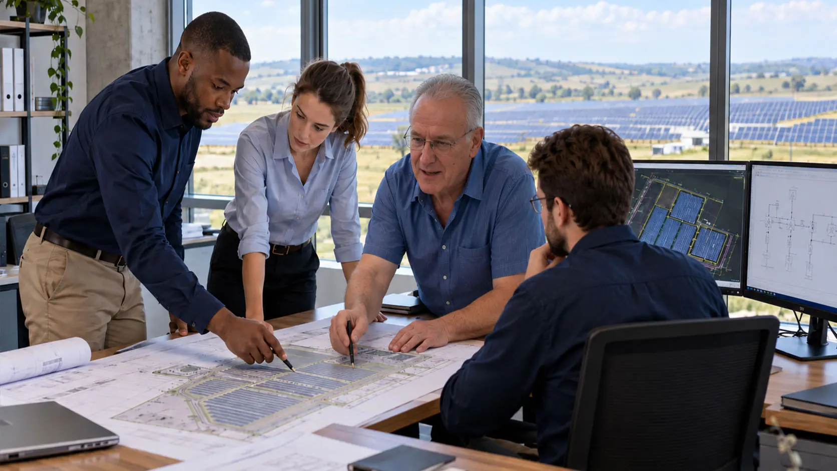 Symtech Solar engineers reviewing EPC solar and BESS project designs
