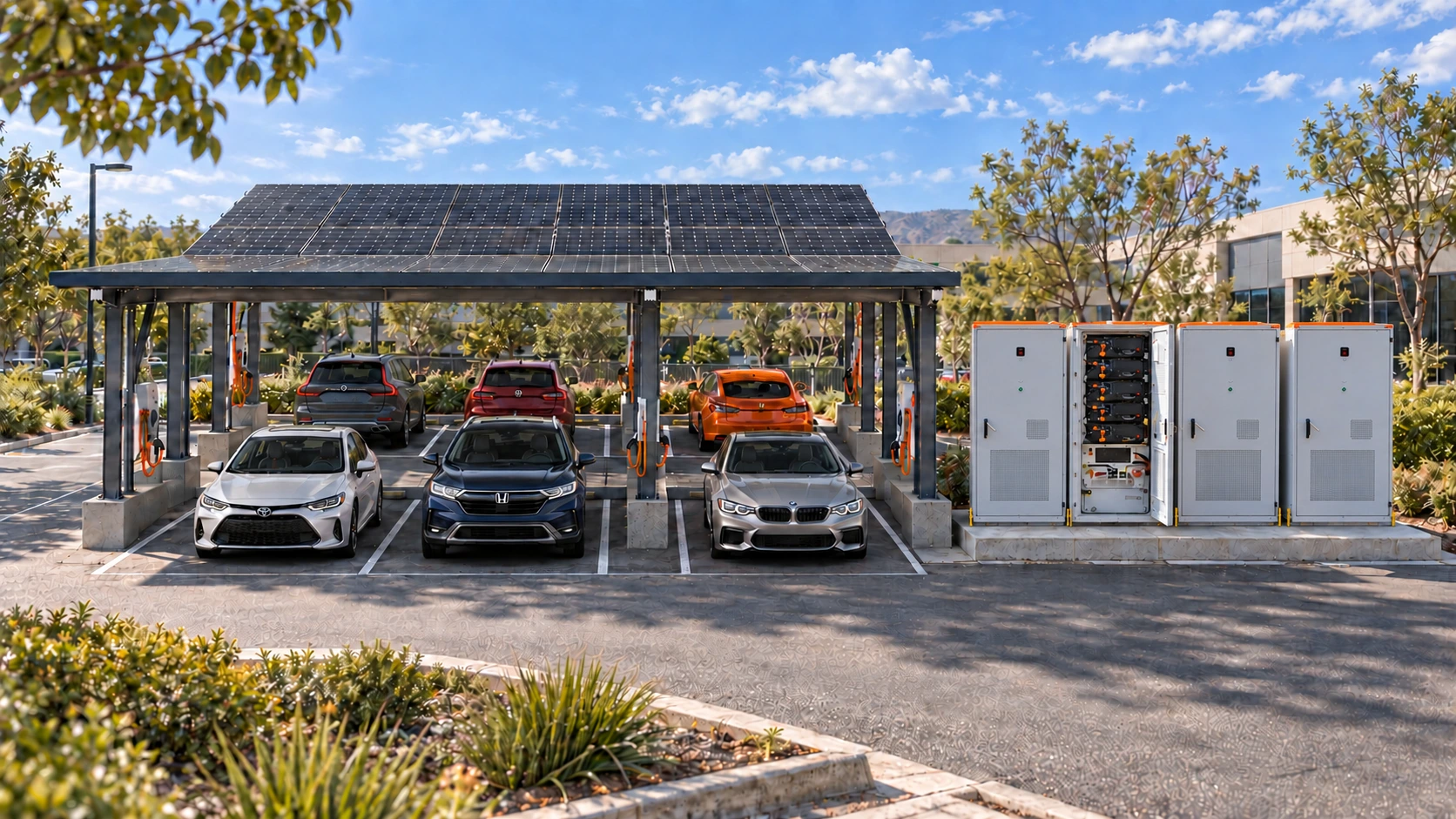 Solar Carport EV Charging Station with 6 cars parked and a Battery Energy storage system beside it