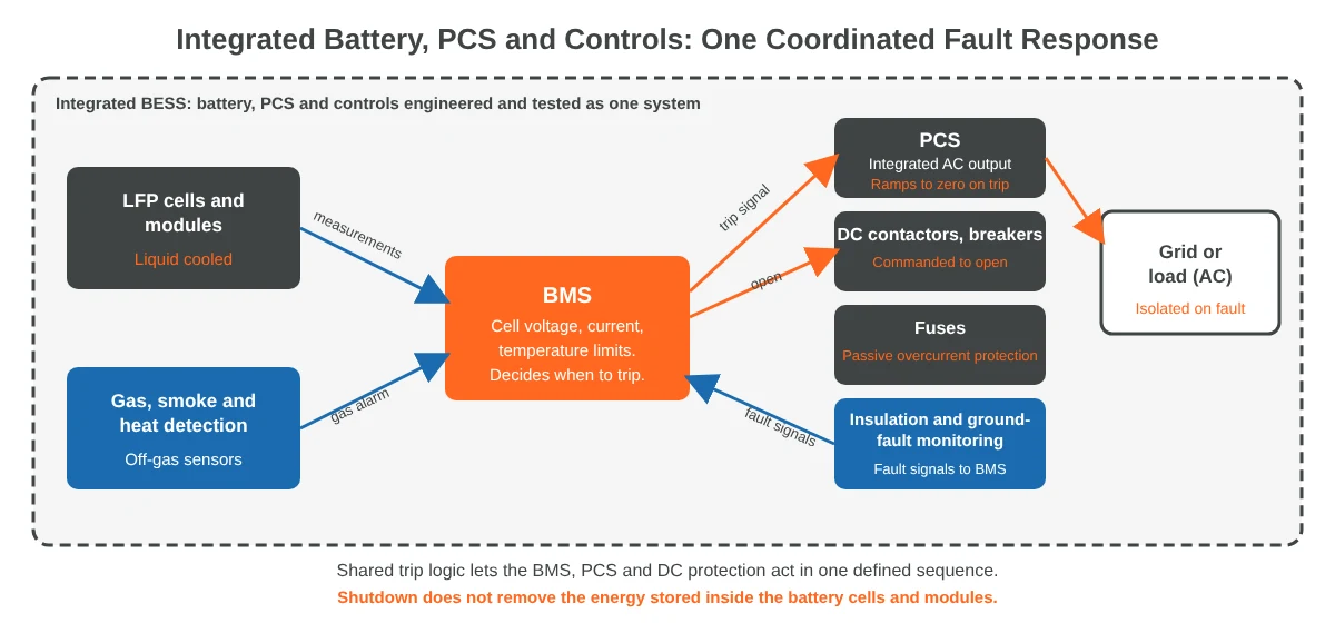 Integrated BESS fault response: BMS commands the PCS to zero and the DC contactors to open; shutdown does not remove stored energy